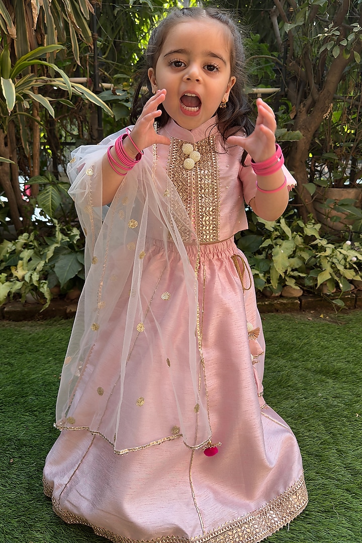 Baby Pink Chanderi Embellished Lehenga Set For Girls by BYB PREMIUM at Pernia's Pop Up Shop