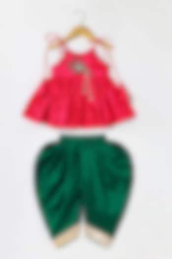 Green Taffeta Dhoti Set For Girls by BYB PREMIUM at Pernia's Pop Up Shop