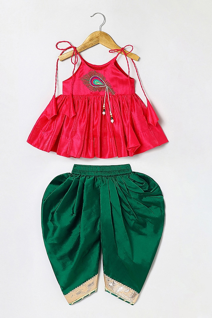 Green Taffeta Dhoti Set For Girls by BYB PREMIUM at Pernia's Pop Up Shop