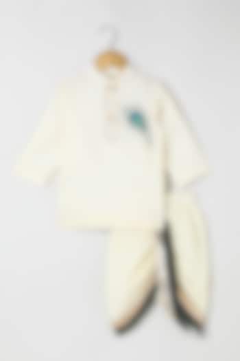 Off-White Pure Cotton Pearl Embellished Dhoti Set For Boys by BYB PREMIUM