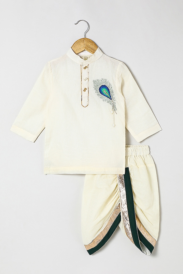 Off-White Pure Cotton Pearl Embellished Dhoti Set For Boys by BYB PREMIUM
