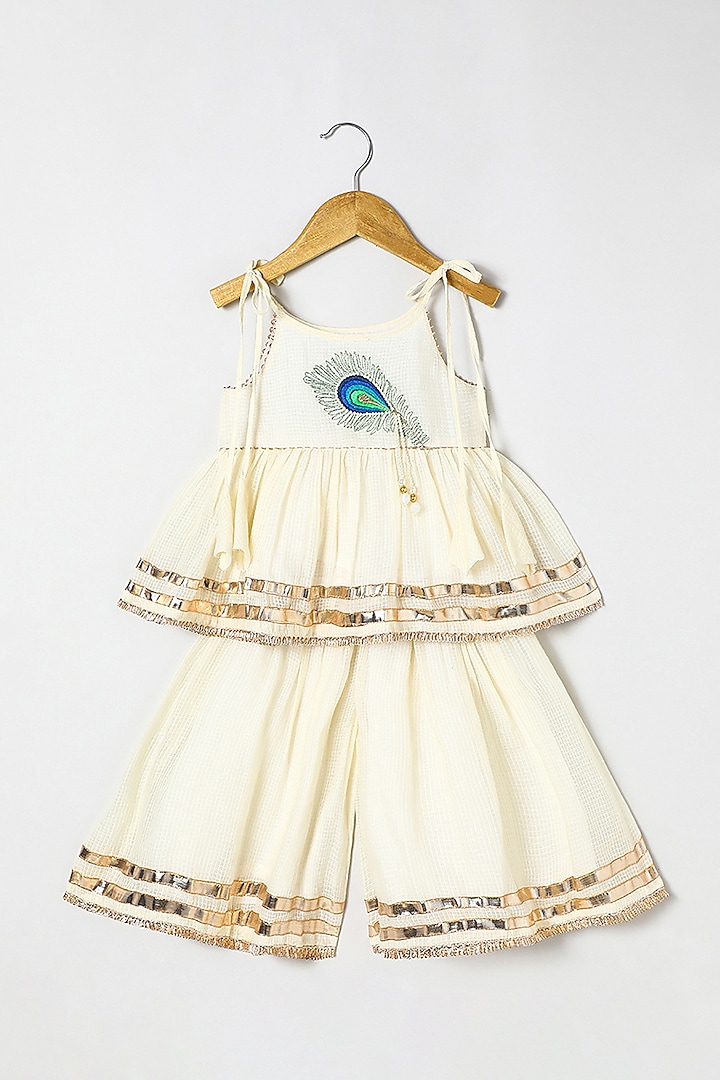 Off-White Pure Cotton Pearl Embellished Palazzo Set For Girls by BYB PREMIUM at Pernia's Pop Up Shop