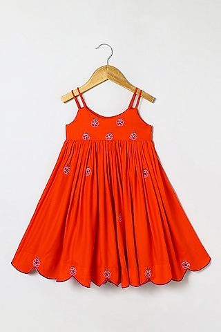 Orange Pure Cotton Georgette Floral Embroidered Dress by BYB PREMIUM