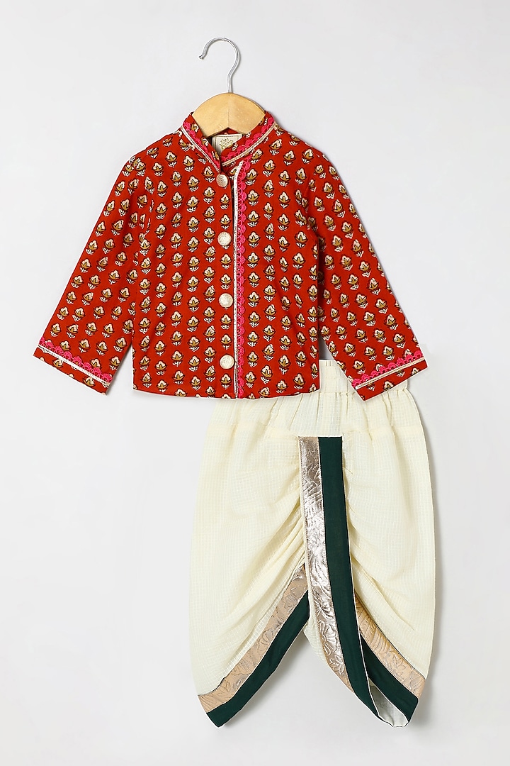 Maroon Pure Cotton Lace Embellished Kurta Set For Boys by BYB PREMIUM