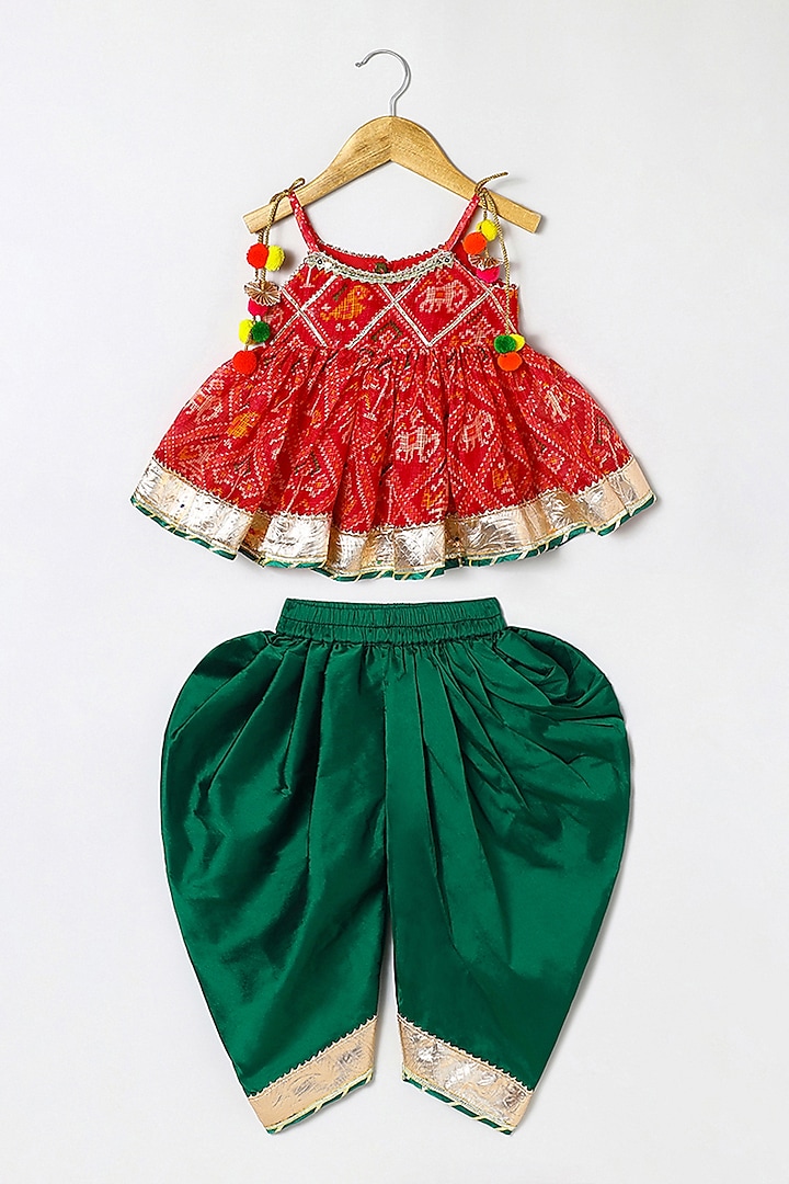 Green Kota Doria Dhoti Set For Girls by BYB PREMIUM at Pernia's Pop Up Shop