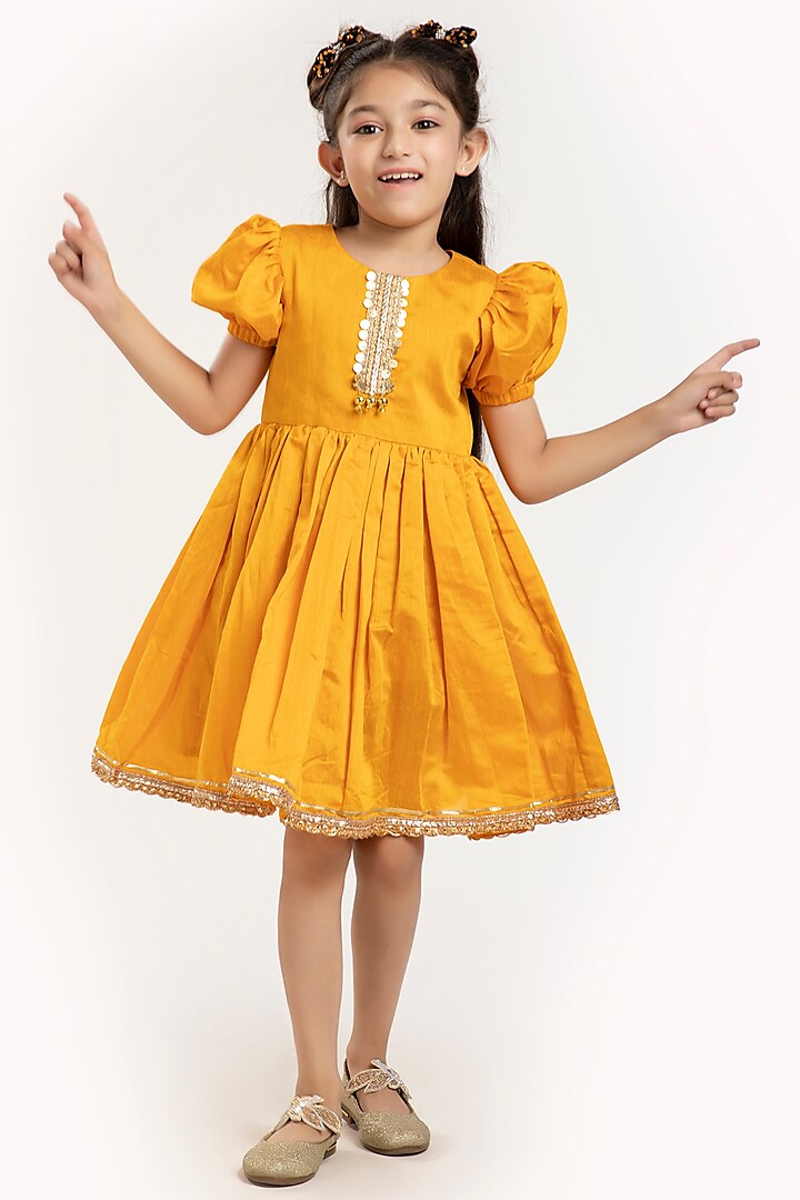 Yellow Chanderi Silk Dress  For Girls by BYB PREMIUM
