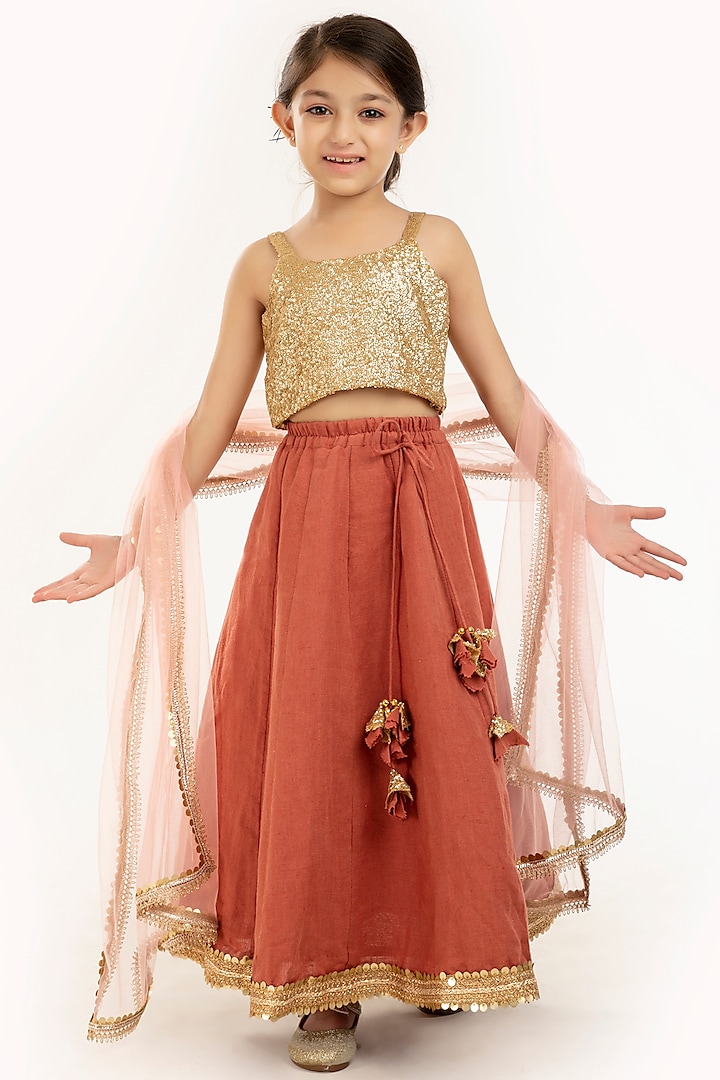 Brick Red Embroidered Lehenga Set For Girls by BYB PREMIUM