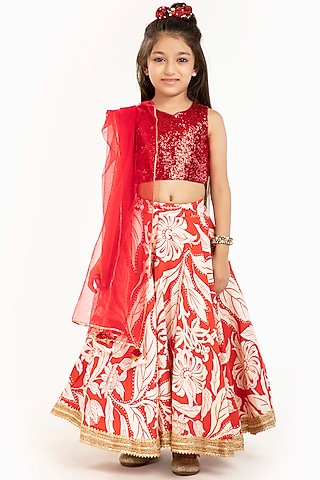 Rust Linen Printed Lehenga Set For Girls by BYB PREMIUM