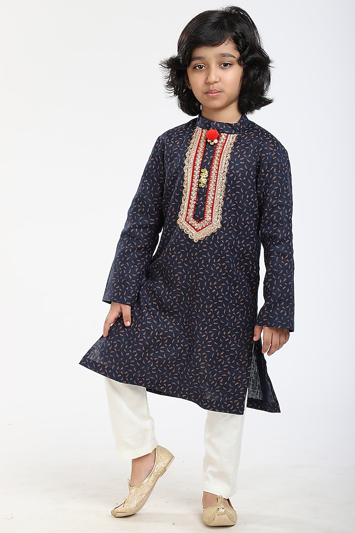 Navy Blue Embellished Kurta Set For Boys by BYB PREMIUM