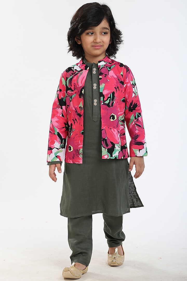 Olive Green Kurta Set With Jacket For Boys by BYB PREMIUM