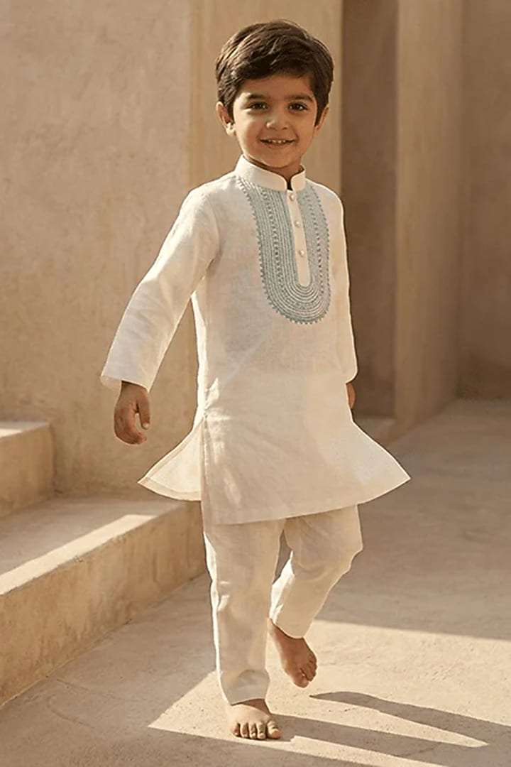 Ivory Chanderi Mirror Embroidered Kurta Set For Boys by BYB PREMIUM at Pernia's Pop Up Shop