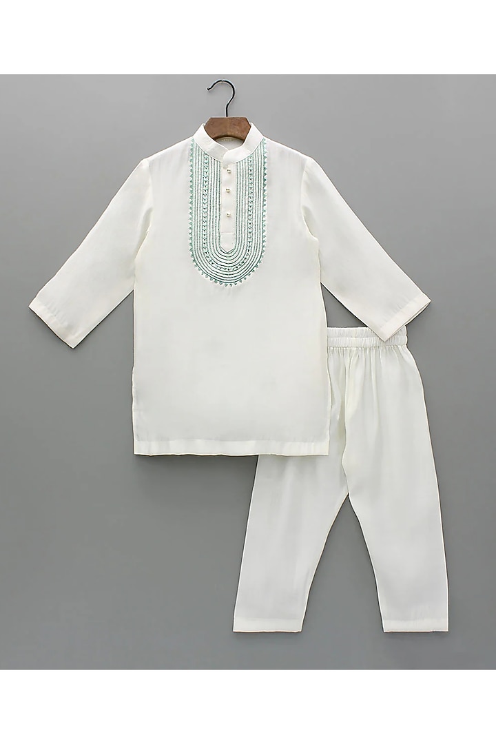 Ivory Chanderi Mirror Embroidered Kurta Set For Boys by BYB PREMIUM at Pernia's Pop Up Shop