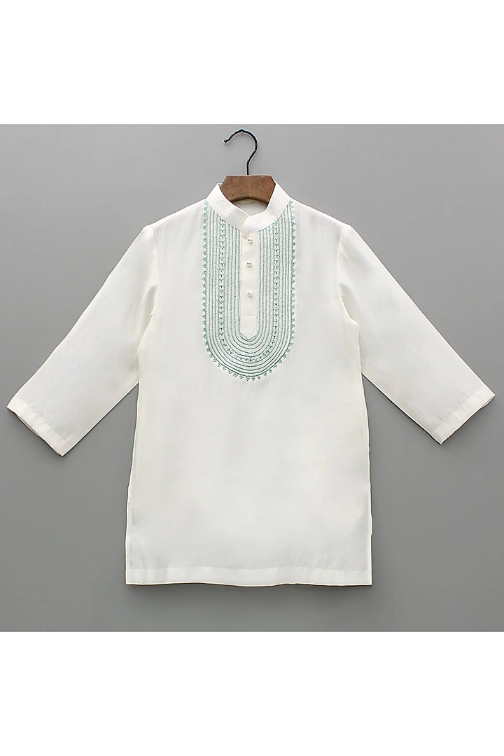 Ivory Chanderi Mirror Embroidered Kurta Set For Boys by BYB PREMIUM at Pernia's Pop Up Shop