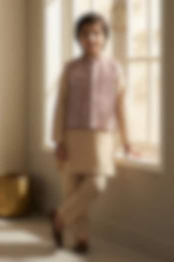 Beige Velvet Hand Embroidered Bundi Set For Boys by BYB PREMIUM at Pernia's Pop Up Shop