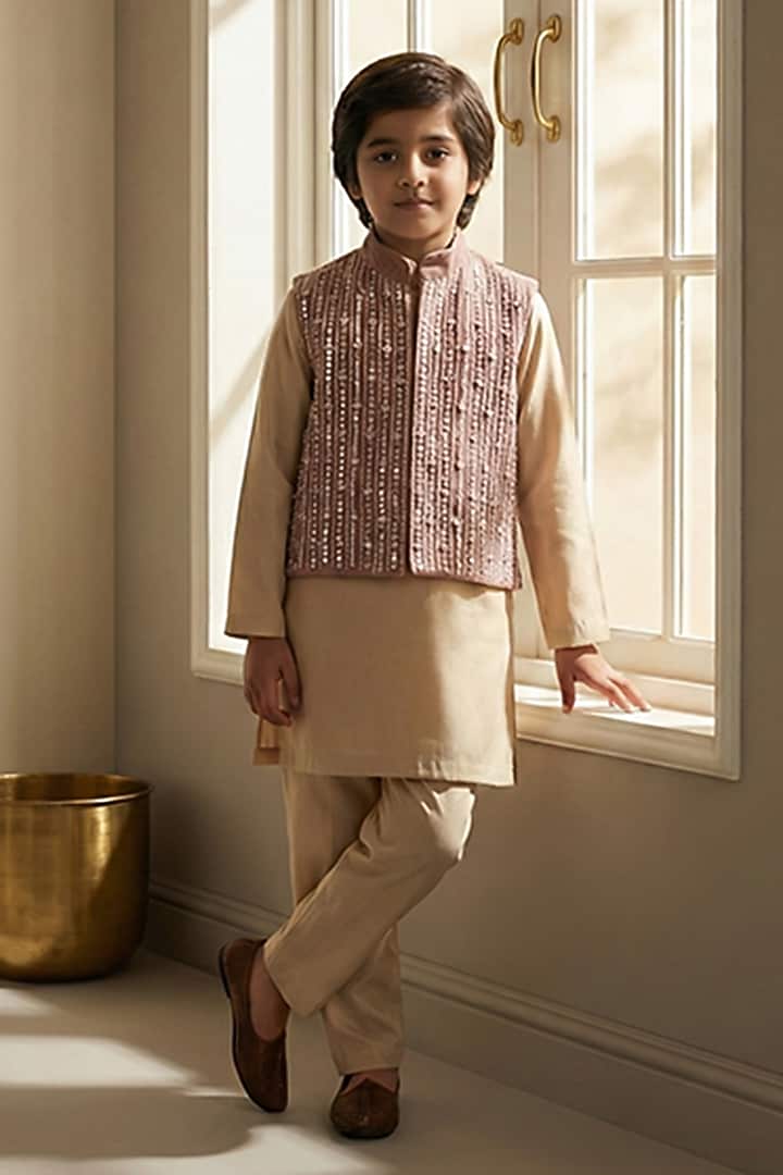 Beige Velvet Hand Embroidered Bundi Set For Boys by BYB PREMIUM at Pernia's Pop Up Shop
