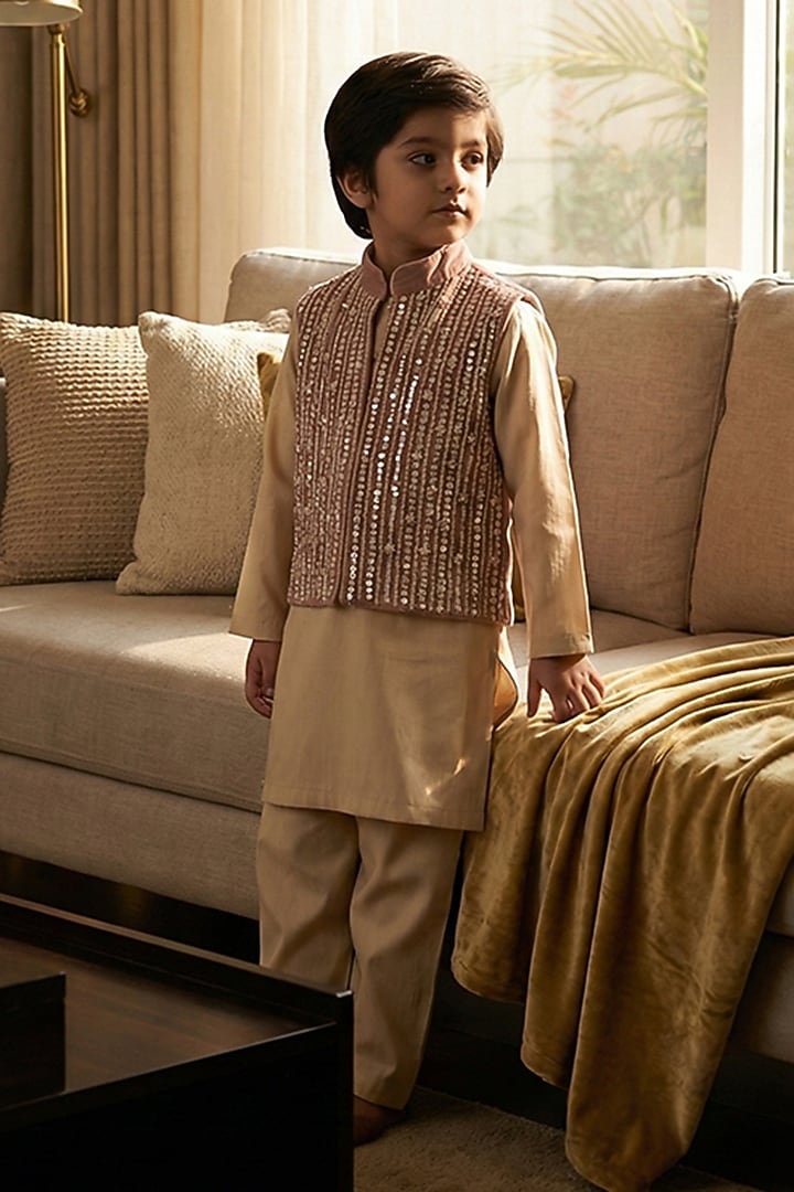 Beige Velvet Hand Embroidered Bundi Set For Boys by BYB PREMIUM at Pernia's Pop Up Shop