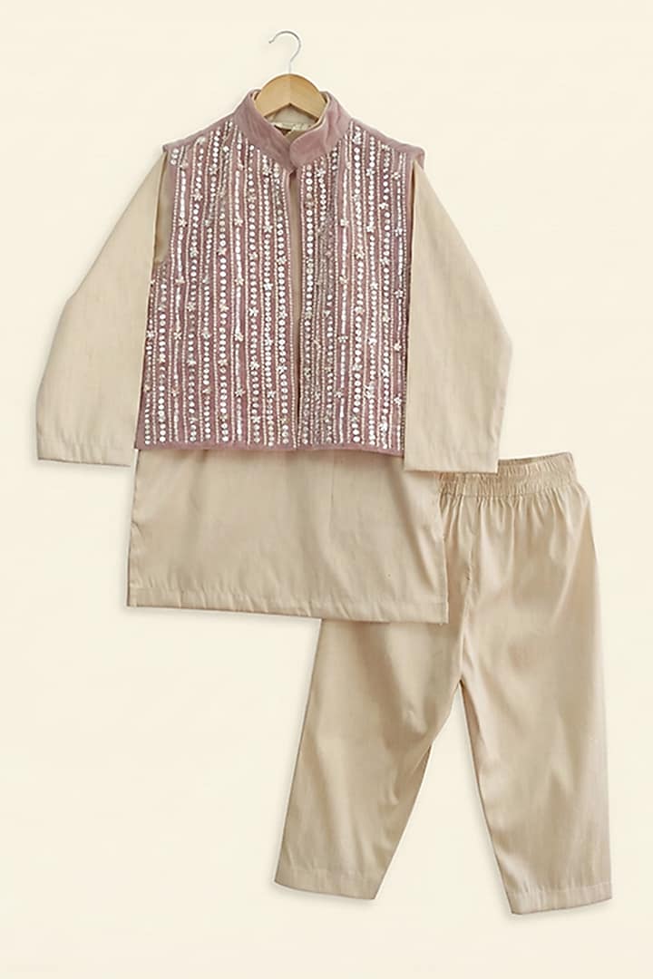 Beige Velvet Hand Embroidered Bundi Set For Boys by BYB PREMIUM at Pernia's Pop Up Shop