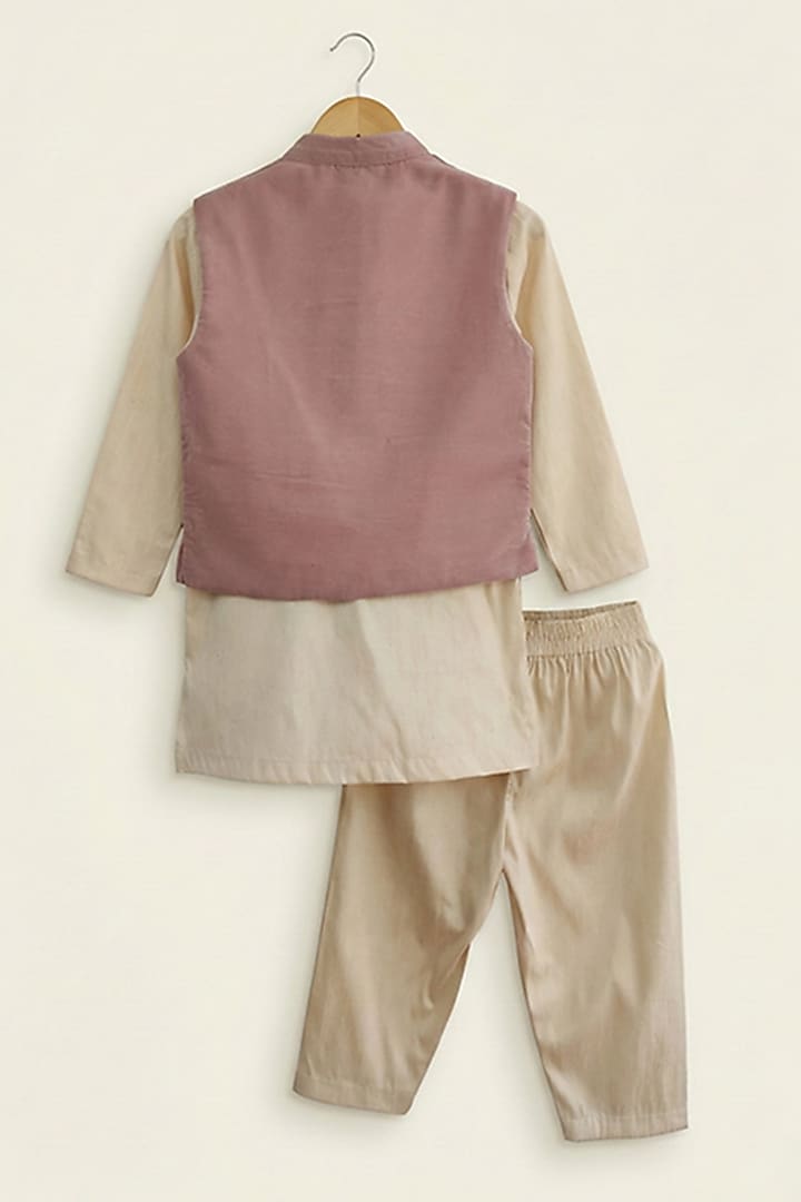 Beige Velvet Hand Embroidered Bundi Set For Boys by BYB PREMIUM at Pernia's Pop Up Shop