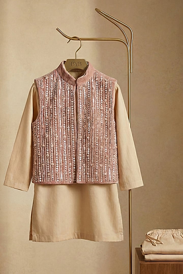 Beige Velvet Hand Embroidered Bundi Set For Boys by BYB PREMIUM at Pernia's Pop Up Shop