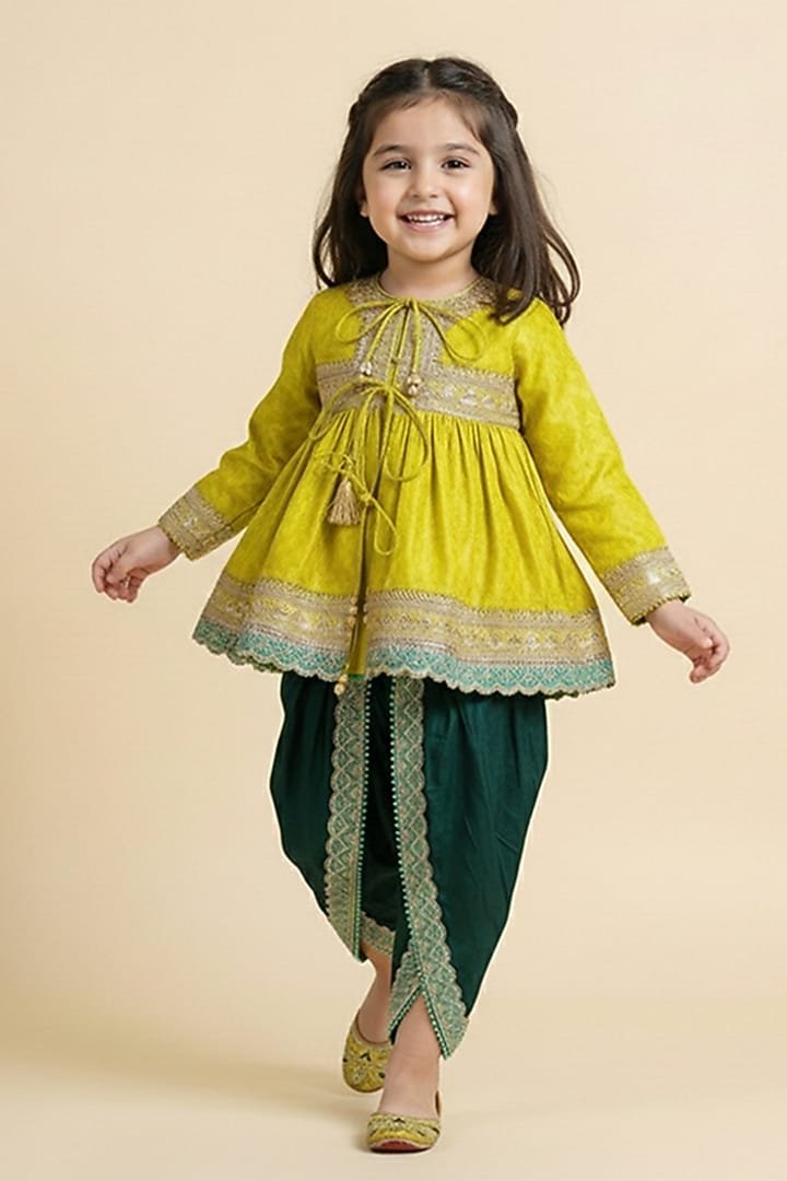 Lime Green Art Banarasi Silk Embroidered Tulip Pant Set For Girls by BYB PREMIUM at Pernia's Pop Up Shop