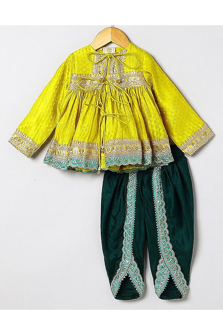 Lime Green Art Banarasi Silk Embroidered Tulip Pant Set For Girls by BYB PREMIUM at Pernia's Pop Up Shop