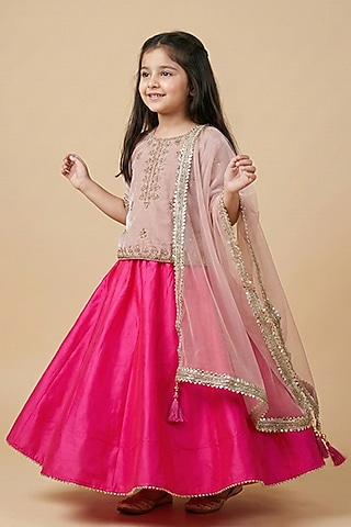 Dusty Pink Velvet Hand Embroidered Skirt Set For Girls by BYB PREMIUM