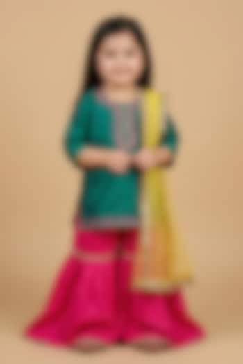 Teal Green Satin Hand Embroidered Kurta Set For Girls by BYB PREMIUM at Pernia's Pop Up Shop