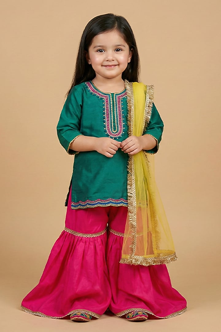 Teal Green Satin Hand Embroidered Kurta Set For Girls by BYB PREMIUM at Pernia's Pop Up Shop