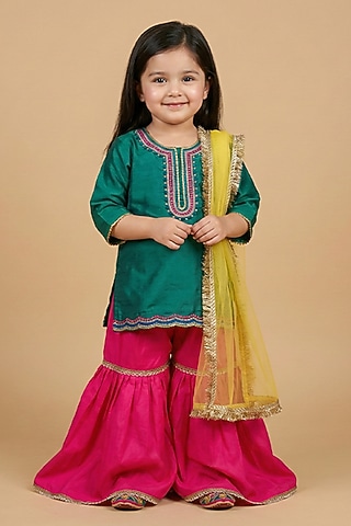 Teal Green Satin Hand Embroidered Kurta Set For Girls by BYB PREMIUM