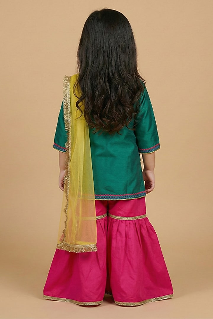 Teal Green Satin Hand Embroidered Kurta Set For Girls by BYB PREMIUM at Pernia's Pop Up Shop