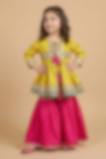 Lime Green Banarasi Silk Hand Embroidered Sharara Set For Girls by BYB PREMIUM at Pernia's Pop Up Shop