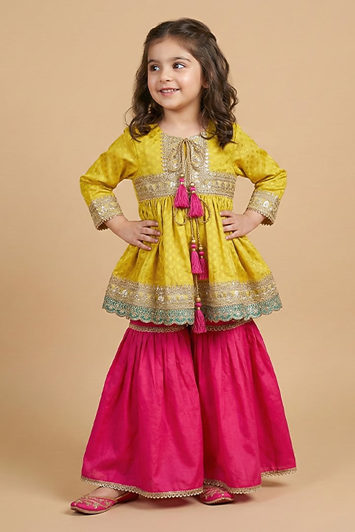 Lime Green Banarasi Silk Hand Embroidered Sharara Set For Girls by BYB PREMIUM at Pernia's Pop Up Shop