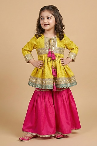 Lime Green Banarasi Silk Hand Embroidered Sharara Set For Girls by BYB PREMIUM
