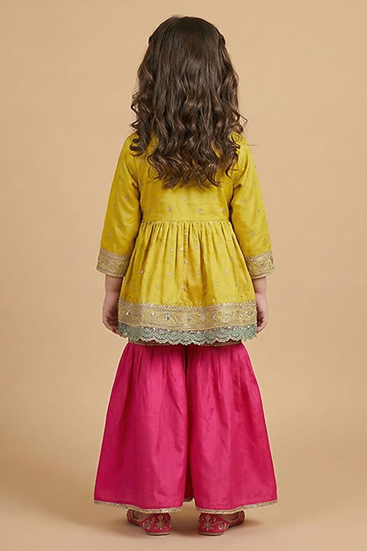 Lime Green Banarasi Silk Hand Embroidered Sharara Set For Girls by BYB PREMIUM at Pernia's Pop Up Shop