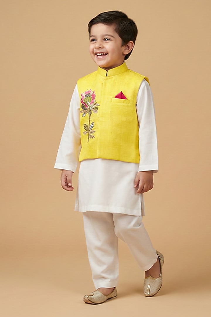 Yellow Tissue Hand Embroidered Nehru Jacket Set For Boys by BYB PREMIUM at Pernia's Pop Up Shop
