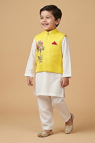Yellow Tissue Hand Embroidered Nehru Jacket Set For Boys by BYB PREMIUM