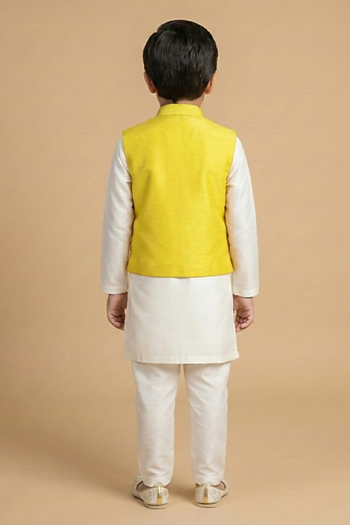 Yellow Tissue Hand Embroidered Nehru Jacket Set For Boys by BYB PREMIUM at Pernia's Pop Up Shop