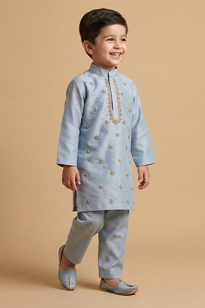 Sky Blue Silk Zardosi Embroidered Kurta Set For Boys by BYB PREMIUM at Pernia's Pop Up Shop