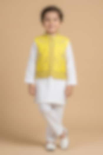Yellow Tissue Hand Embroidered Nehru Jacket Set For Boys by BYB PREMIUM at Pernia's Pop Up Shop
