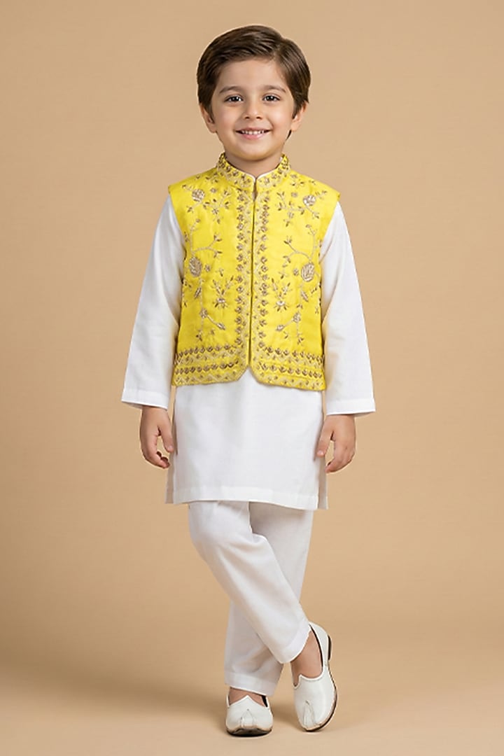 Yellow Tissue Hand Embroidered Nehru Jacket Set For Boys by BYB PREMIUM at Pernia's Pop Up Shop