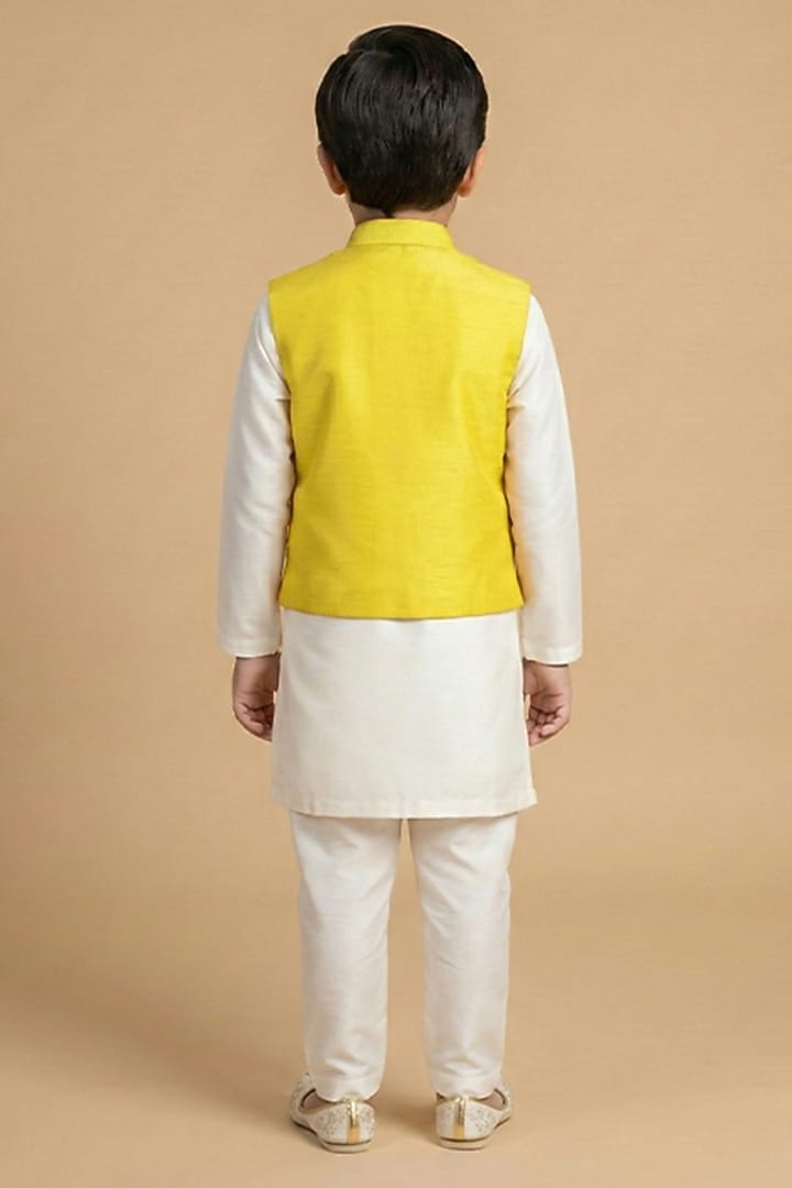 Yellow Tissue Hand Embroidered Nehru Jacket Set For Boys by BYB PREMIUM at Pernia's Pop Up Shop