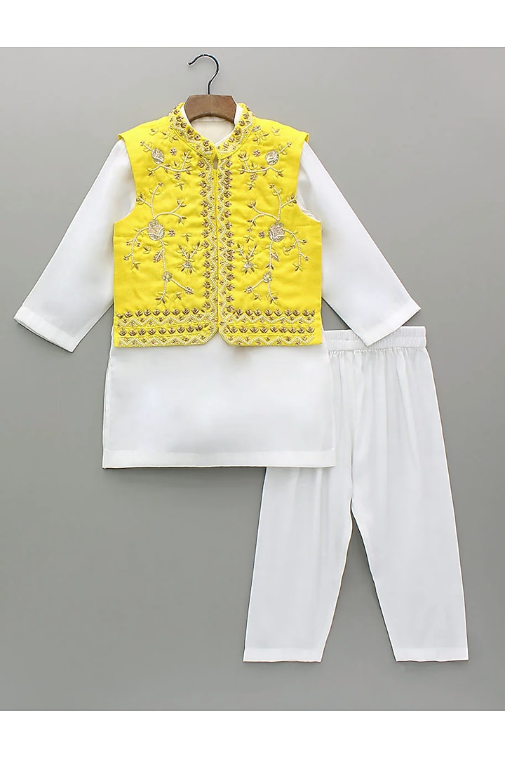 Yellow Tissue Hand Embroidered Nehru Jacket Set For Boys by BYB PREMIUM at Pernia's Pop Up Shop