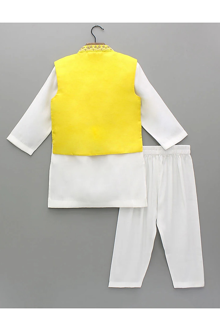 Yellow Tissue Hand Embroidered Nehru Jacket Set For Boys by BYB PREMIUM at Pernia's Pop Up Shop