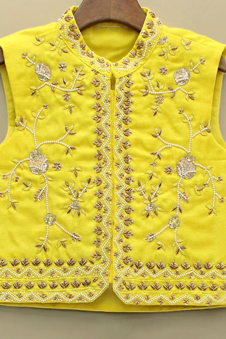 Yellow Tissue Hand Embroidered Nehru Jacket Set For Boys by BYB PREMIUM at Pernia's Pop Up Shop