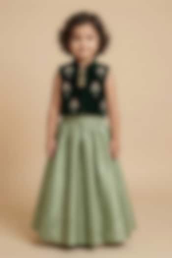 Sage Green Silk Panelled Skirt Set For Girls by BYB PREMIUM at Pernia's Pop Up Shop