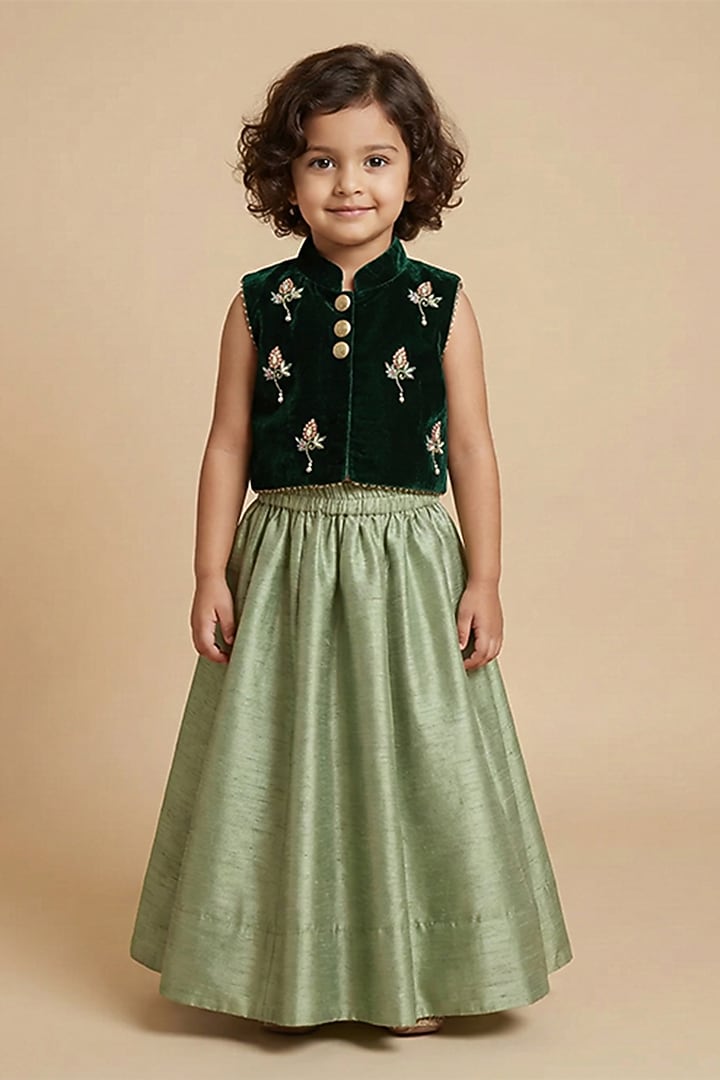 Sage Green Silk Panelled Skirt Set For Girls by BYB PREMIUM at Pernia's Pop Up Shop