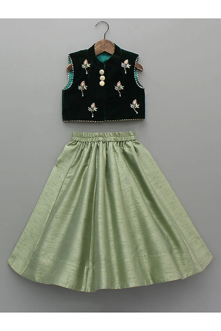 Sage Green Silk Panelled Skirt Set For Girls by BYB PREMIUM at Pernia's Pop Up Shop