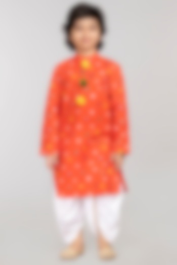 Orange Printed Kurta Set For Boys by BYB PREMIUM