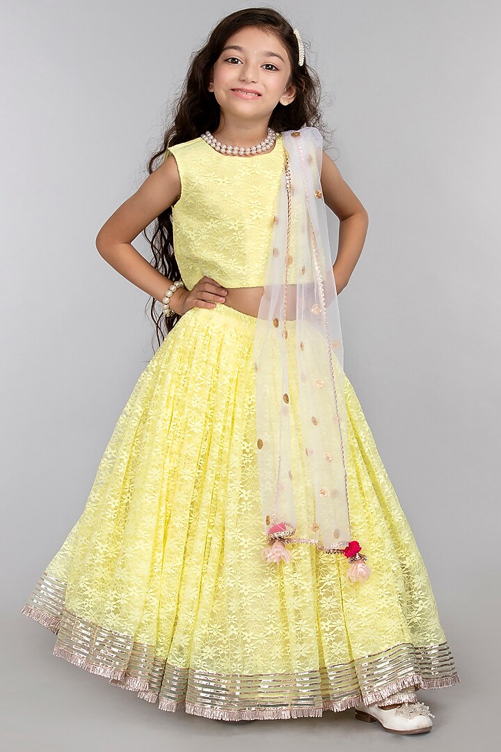 Lime Embroidered Lehenga Set For Girls by BYB PREMIUM at Pernia's Pop Up Shop