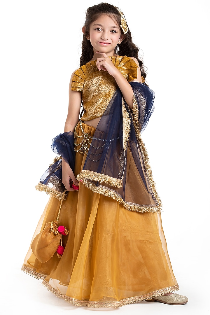Gold Organza Lehenga Set For Girls by BYB PREMIUM at Pernia's Pop Up Shop